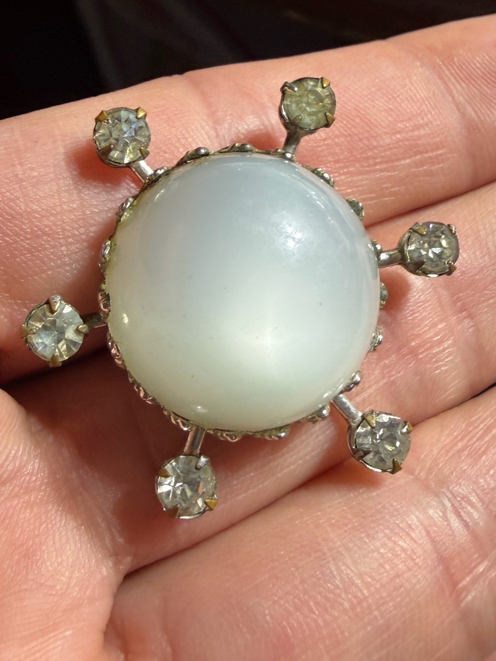 Vintage Silver Tone White Cabochon & Crystal Starburst Brooch